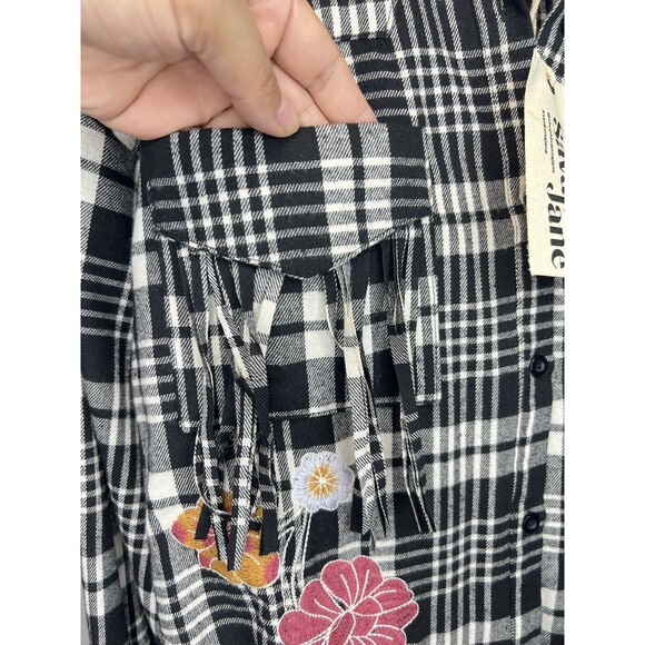 NWT! Savanna Jane Long Sleeve Black Plaid Embroidered Fringe Detail Blouse Top S - Picture 7 of 8